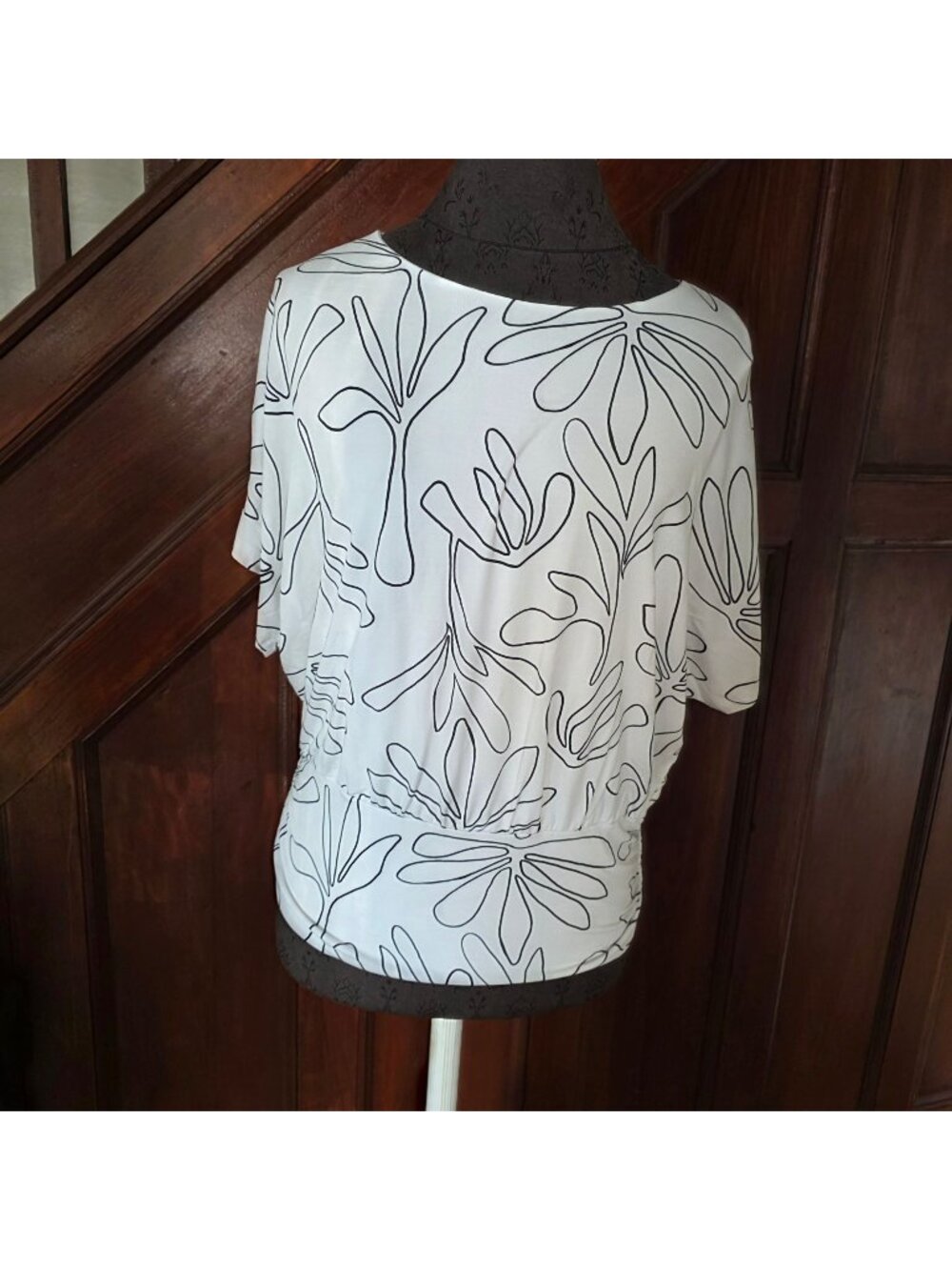 Chicos Womens White & Black Abstract Print Dolman Sleeve Top Size M